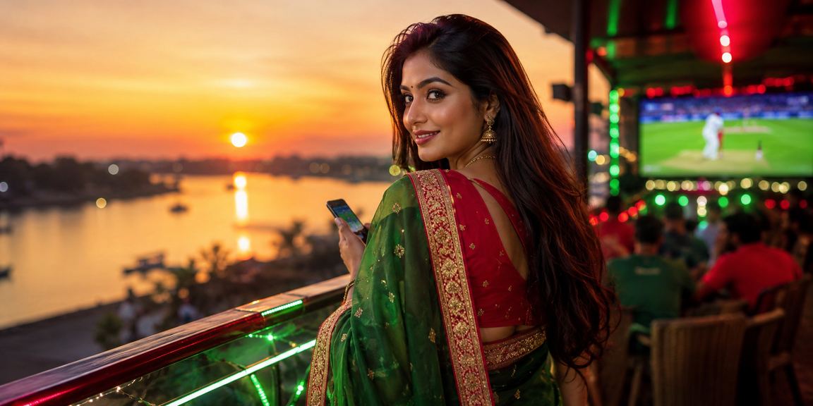 বগুড়ায় শাড়ি পরিহিত একজন নারী মোবাইলে ক্রিকেট বেটিং প্রোমোশন দেখছেন